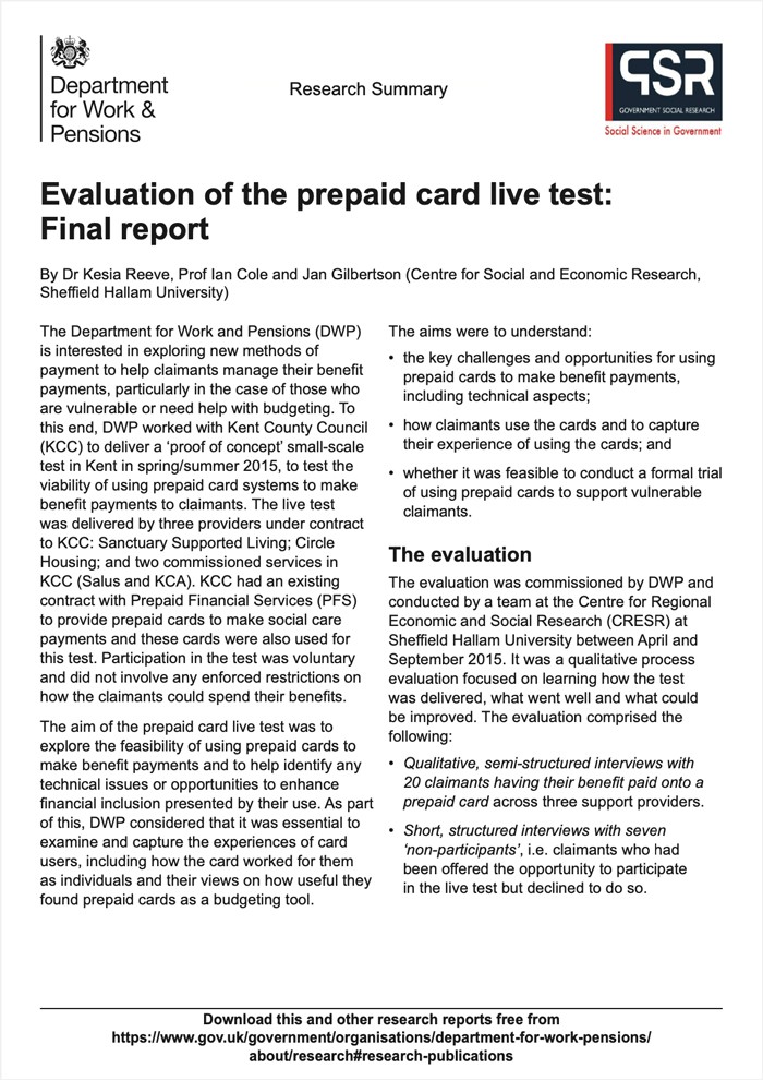 Research Summary - Evaluation of the prepaid card live test: Final report
