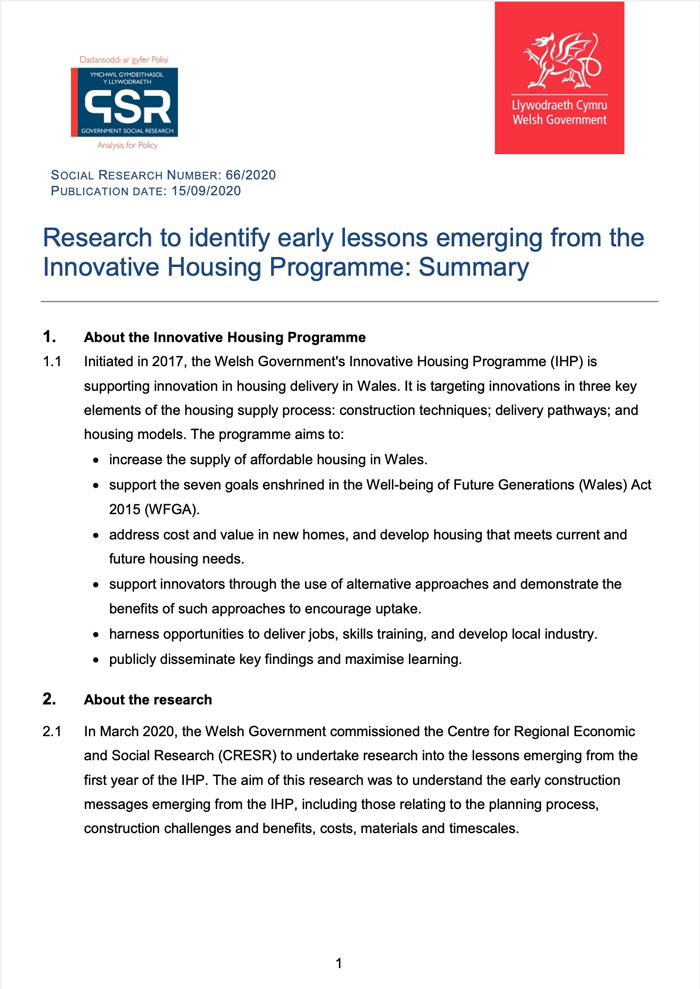 Research to identify early lessons emerging from the Innovative Housing Programme: Summary
