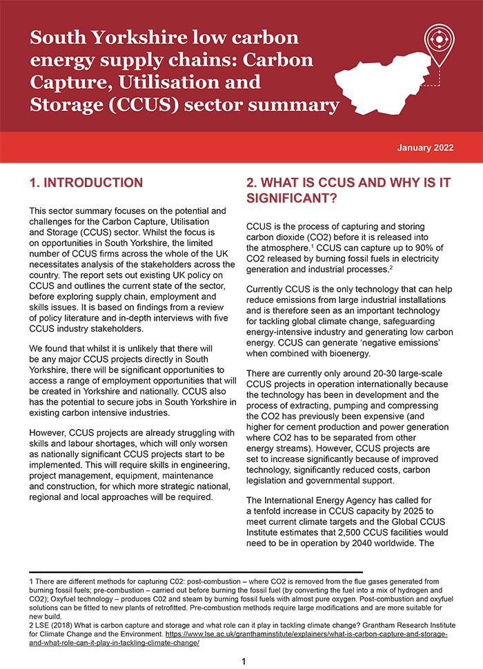 South Yorkshire low carbon energy supply chains: Carbon Capture, Utilisation and Storage (CCUS) sector summary