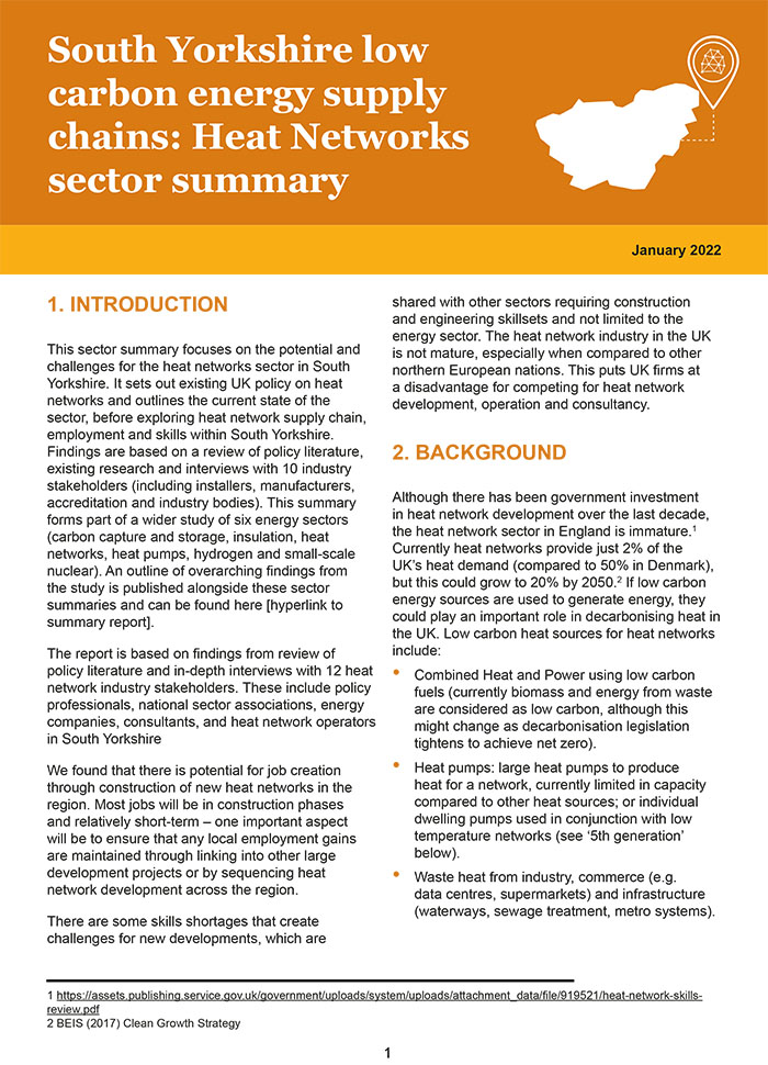 South Yorkshire low carbon energy supply chains: Heat Networks sector summary