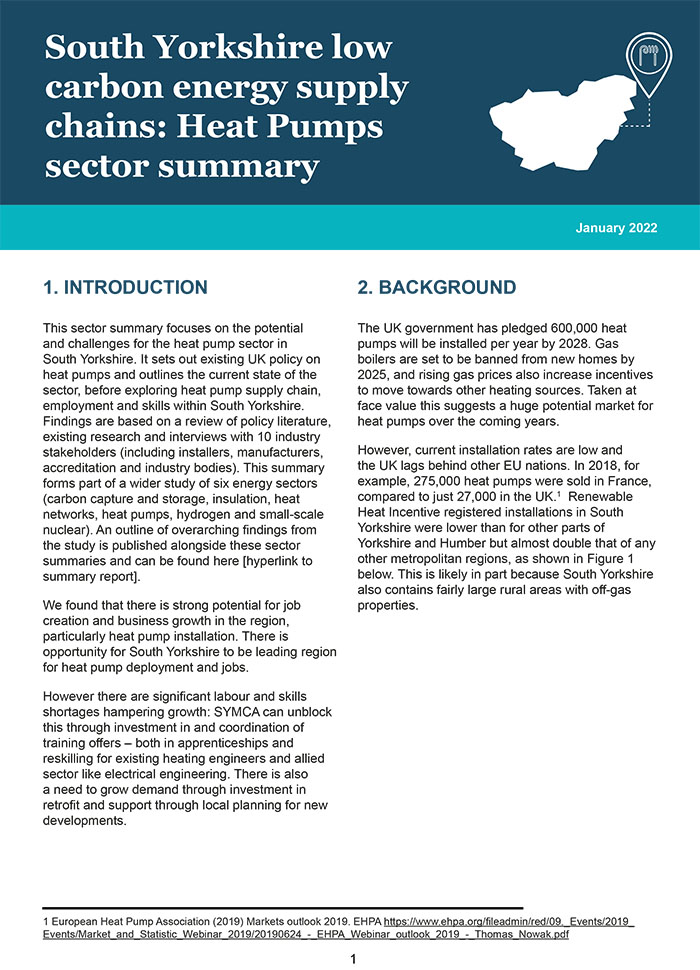South Yorkshire low carbon energy supply chains: Heat Pumps sector summary