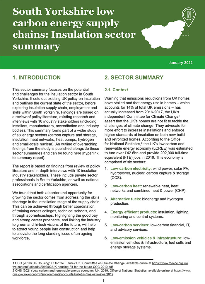 South Yorkshire low carbon energy supply chains: Insulation sector summary