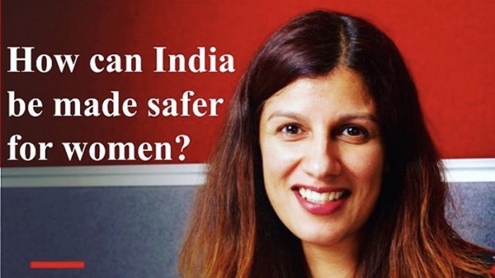 Dr Sunita Toor next to a sigh saying 'How can India be made safer for women?'