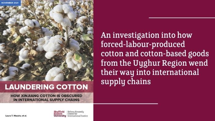 Text saying an investigation into how forced labour produced cotton based goods from the Uyghur region wend their way into international supply chains