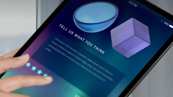 Person completing a survey on a tablet