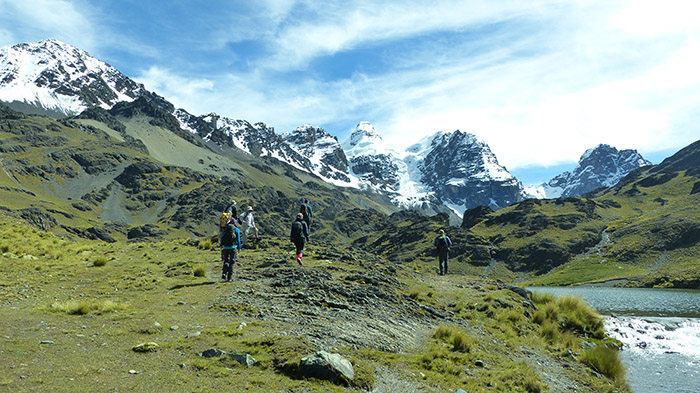 Hikers in a mountainous landscape