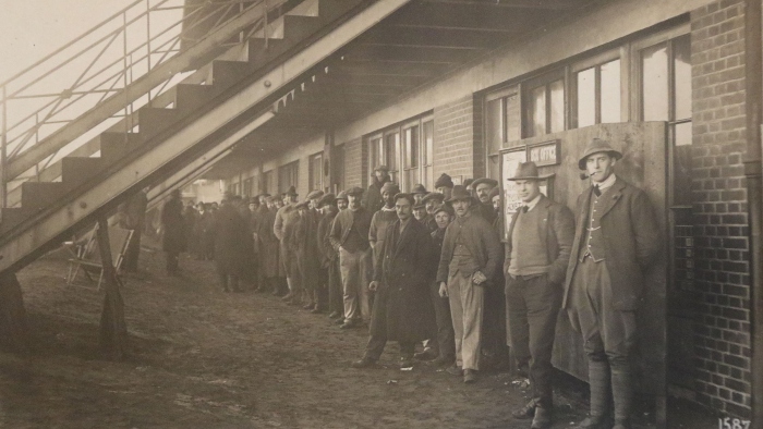  Prisoners at Ruhleben camp queuing for the theatre box office