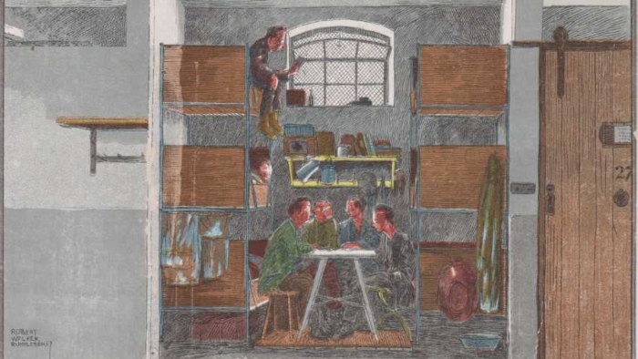 An artist’s impression of prisoners in their sleeping quarters at Ruhleben camp