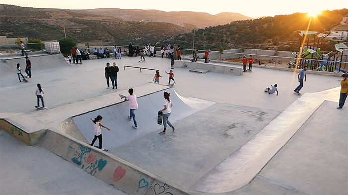 Children playing in a skatepark in Palestine