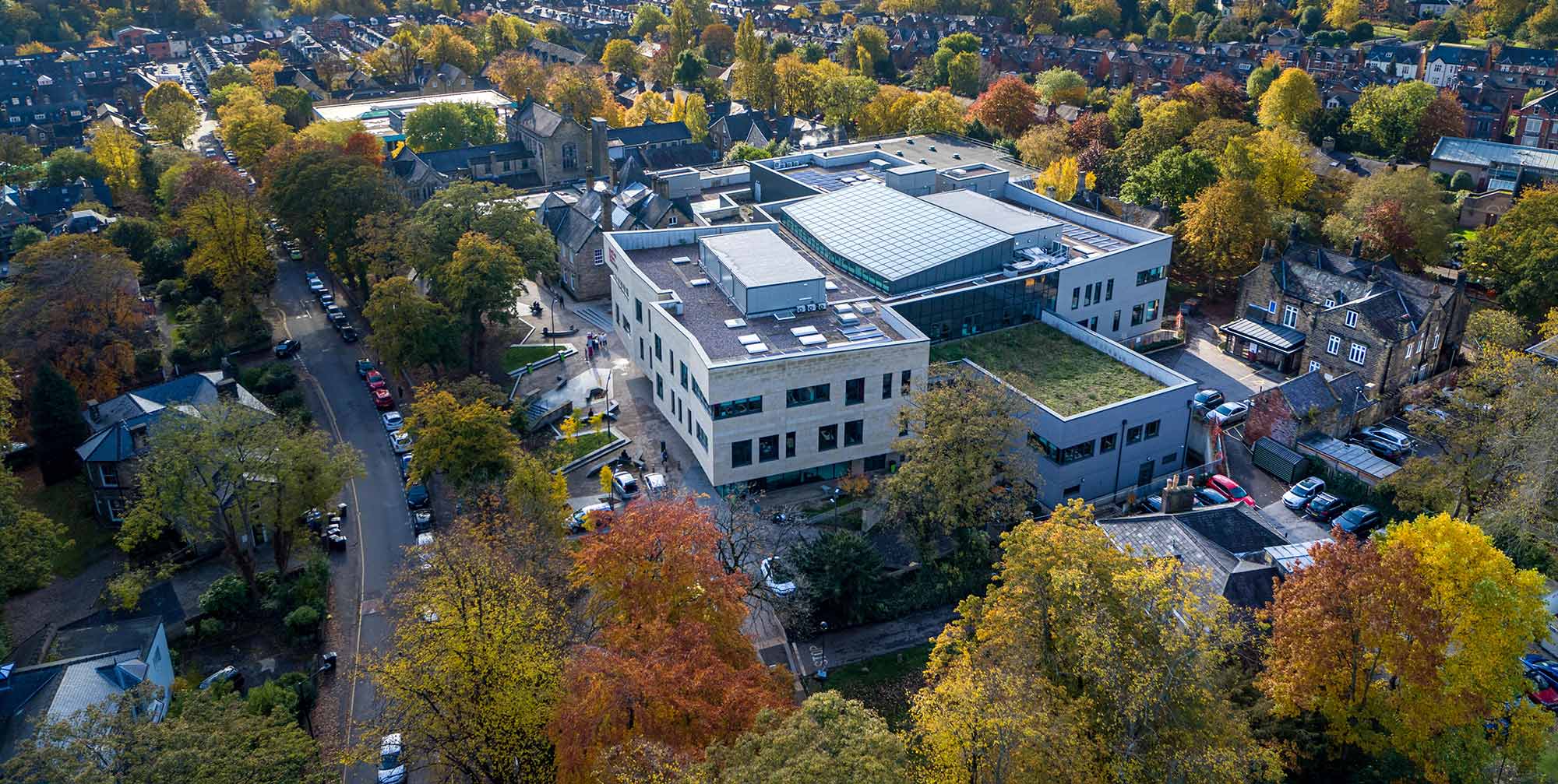 An aerial view of the Heart of the Campus building at Collegiate Campus