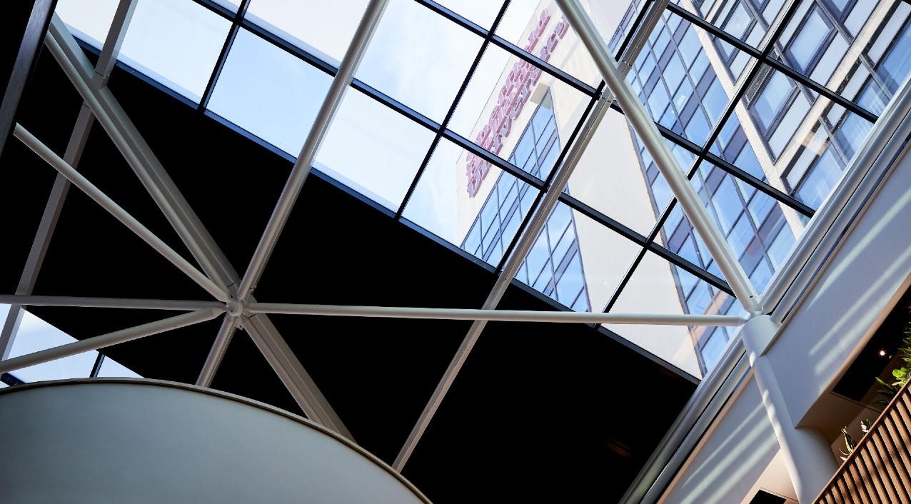 The view through the Atrium glass roof at Sheffield Hallam City Campus