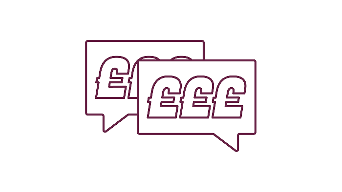 An illustration of two speech bubbles with pound sterling symbols inside