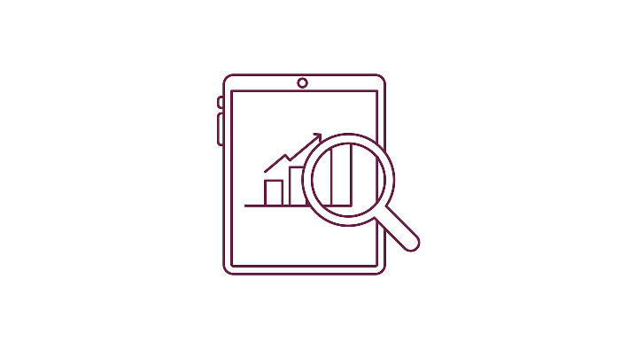 An illustration of a tablet device with a magnifying glass over the screen.