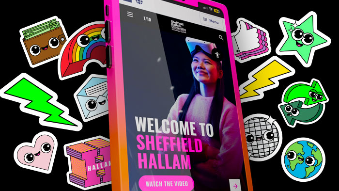An illustration of a smartphone screen showing the digital prospectus homepage. The phone is surrounded by colourful cartoon stickers.