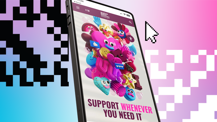 Mobile phone against a pink and blue background. On the mobile phone is a message reading "Support whenever you need it"