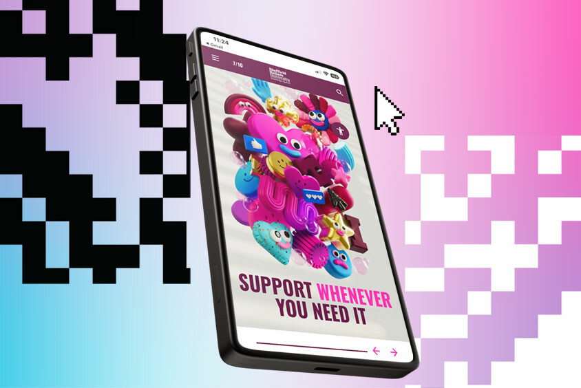 Mobile phone against a pink and blue background. On the mobile phone is a message reading "Support whenever you need it"