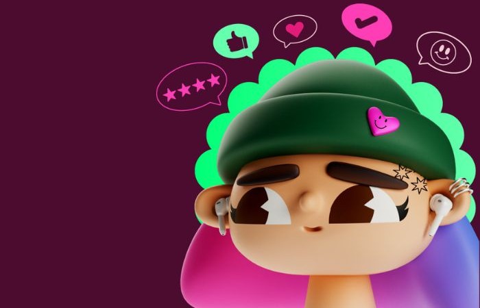 A 3D cartoon character wearing a green beanie. Above their head are various colourful social icons within speech bubbles.