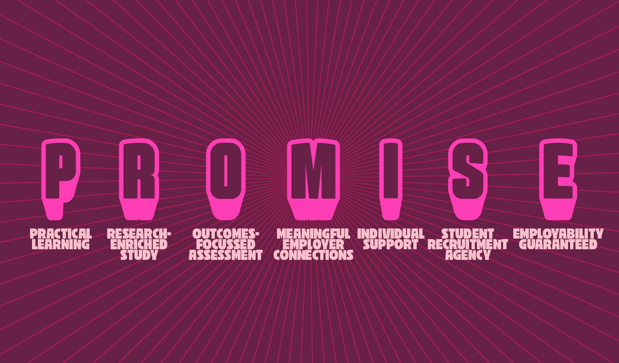 A pink poster with the word ‘PROMISE’ and each letter linked to a short educational benefit.