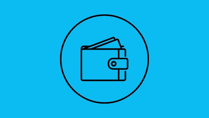 Bright blue background with black wallet icon in the middle