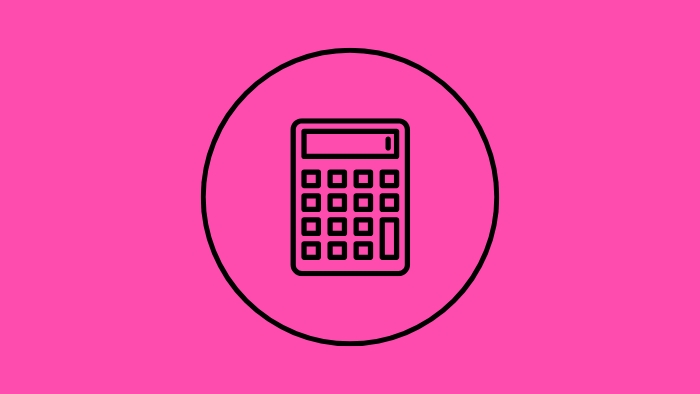Bright pink background with black calculator logo in the middle