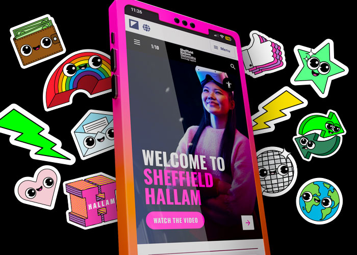 Ipad with the home page of our digital prospectus on screen, with stickers around the edge including a rainbow, lightening bolt, globe, heart and thumbs up