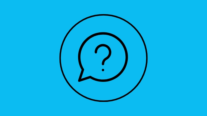 Bright blue background with black question mark logo in the middle
