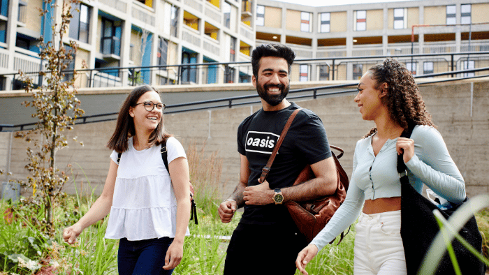 Three Sheffield Hallam students walk through the grass in front of Sheffield's Park Hill Flats.