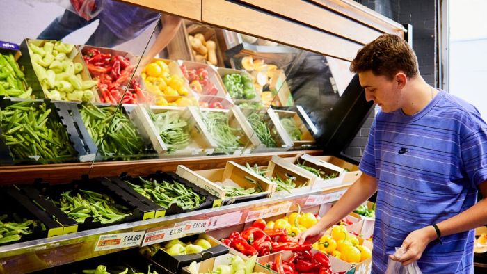 Boy wearing bright blue t-shirt picking fresh vegetables at a market