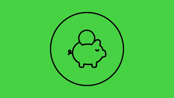 Bright green background with black piggy bank icon in the middle