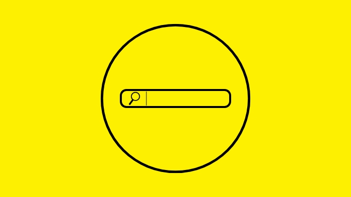Bright yellow background with black search icon in the middle