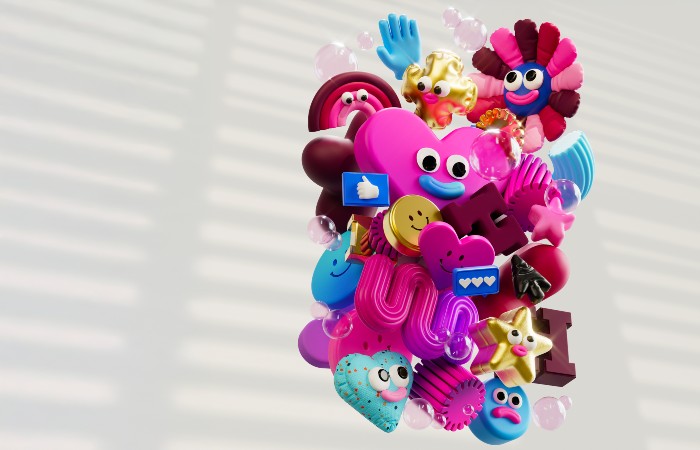 A bright 3D collage of hearts, stars, smiley faces, and social icons in pink, blue, and gold tones.