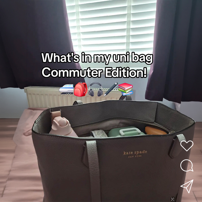 A bag holding a water bottle, lunch box, and other items. Text overlay says "What's in my uni bag, Commuter Edition!"