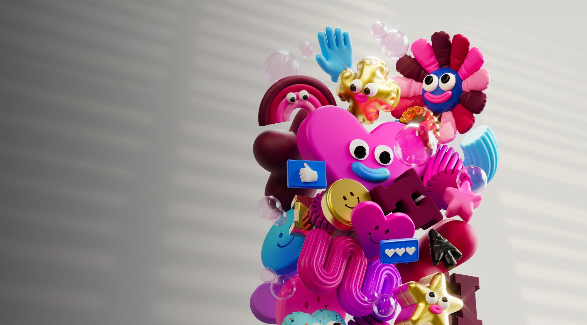 A bright 3D collage of hearts, stars, smiley faces, and social icons in pink, blue, and gold tones.