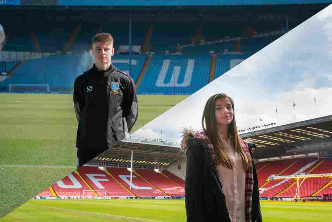 Collage of male and female stood in front of two different stadium football pitches.
