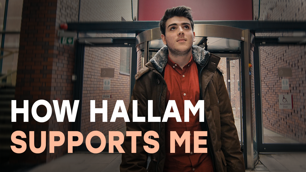Student walking into university with the wording how Hallam supports me