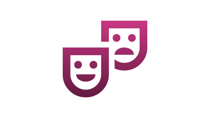 An icon of two masks slightly overlapping, one smiling and one sad.