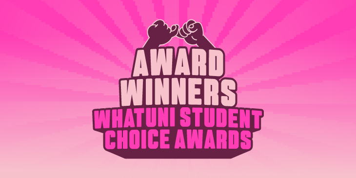 Pink graphic, with text reading 'Award Winners Whatuni Student Choice Awards'