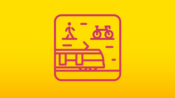 An illustration depicting a train, a pedestrian and a bike