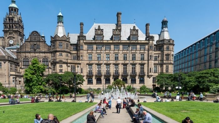 The fountains at the Peace Gardens in Sheffield