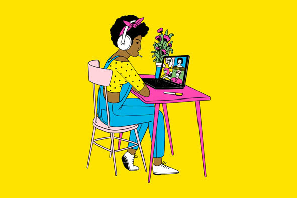 An illustration of a girl working on a laptop with headphones on