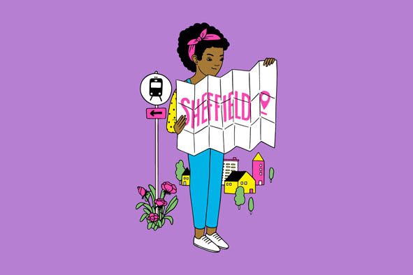 An illustration of a girl holding a map of Sheffield
