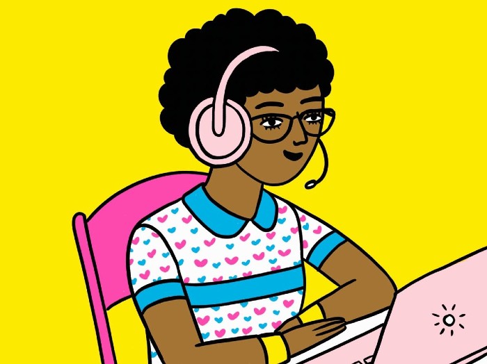 An illustration depicting a girl with headphones on sat using on a laptop