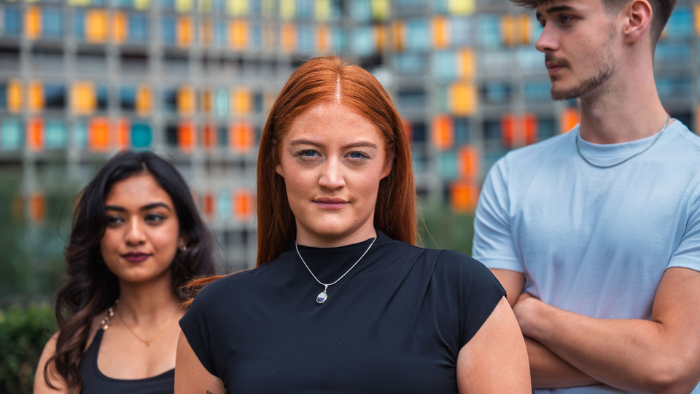 Three Sheffield Hallam students at Park Hill, Sheffield.