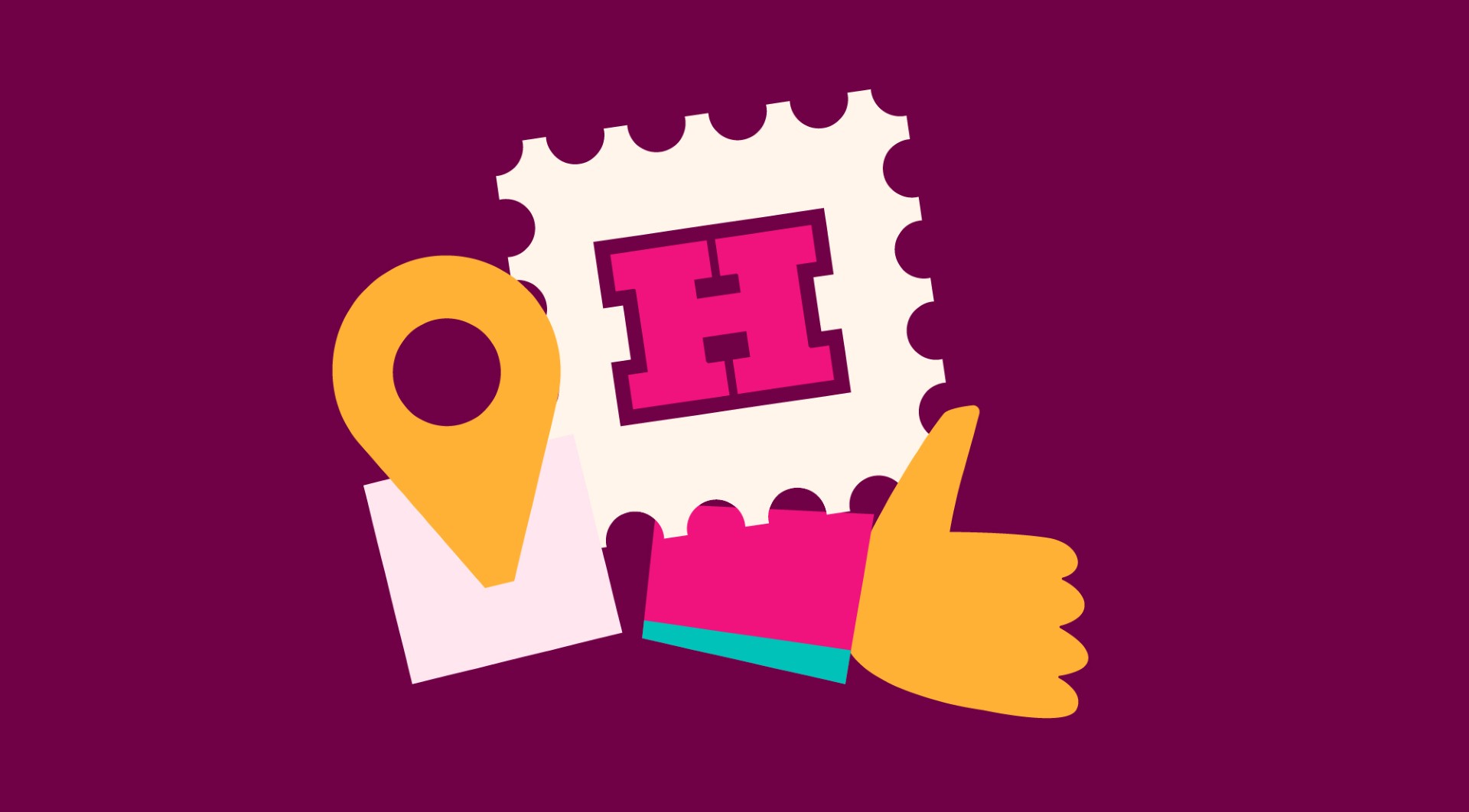 Thumbs up, location pin and H stamp on a burgundy background