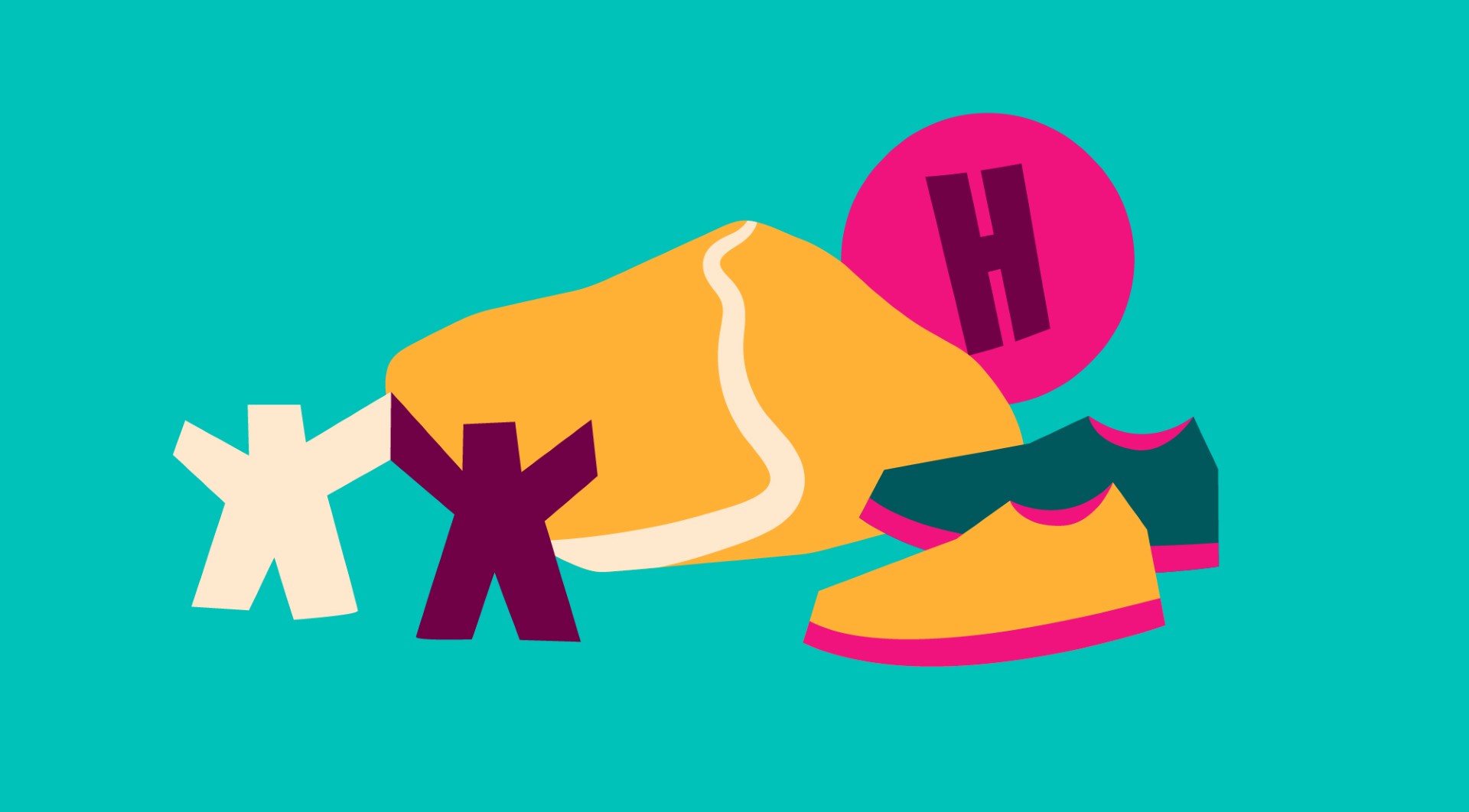 Icons of two people, a hill, some trainers and a H inside a circle on a teal background