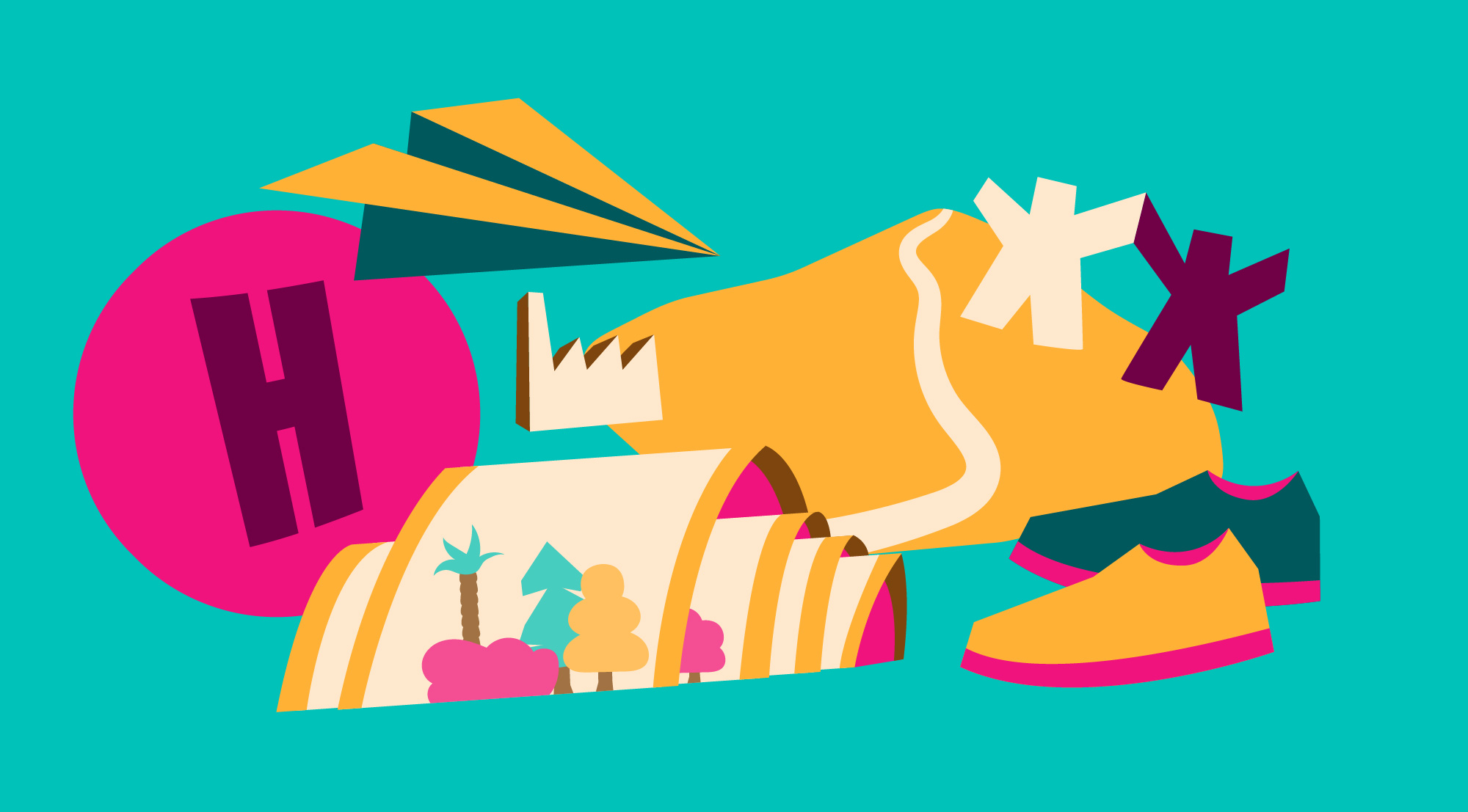A pink banner populated with explore icons.