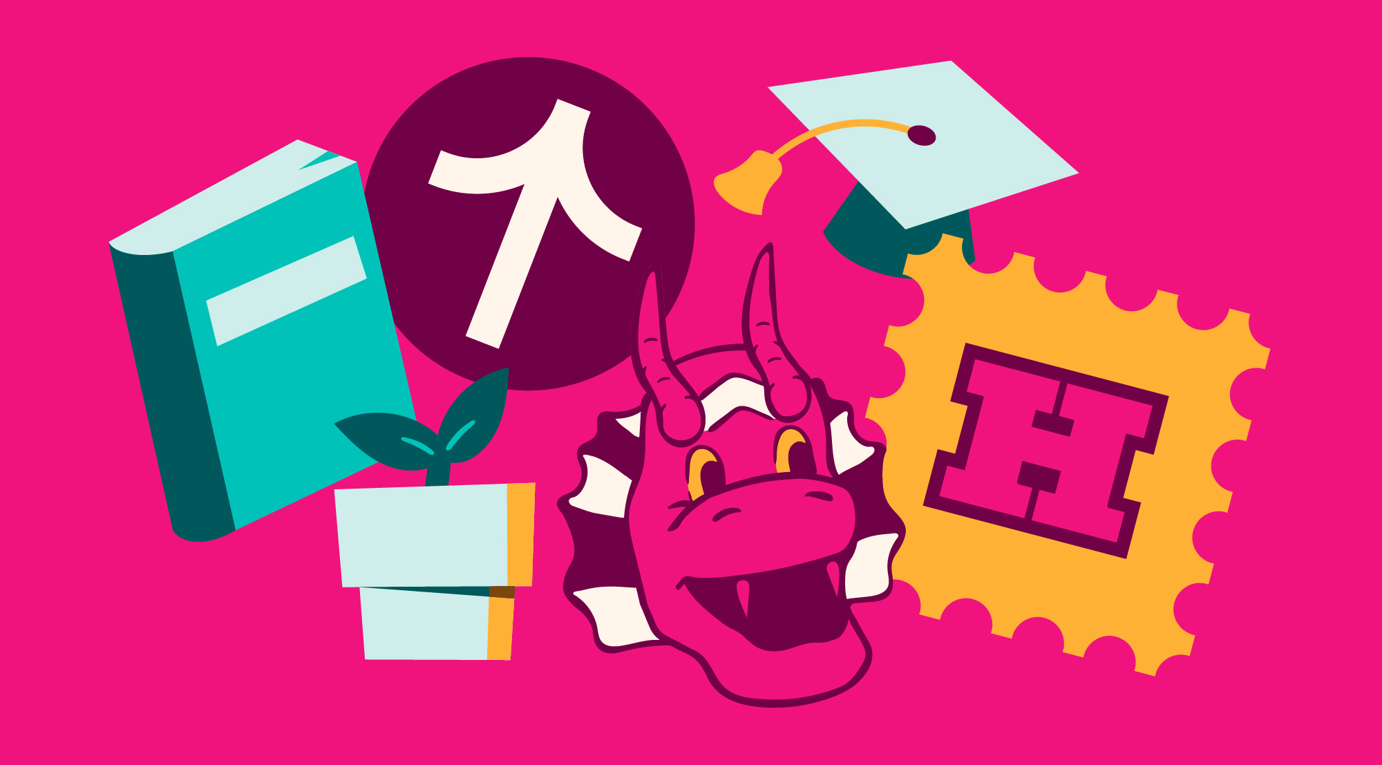 A pink banner populated with study icons.