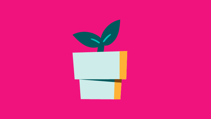 A cartoon plant pot against a pink background.