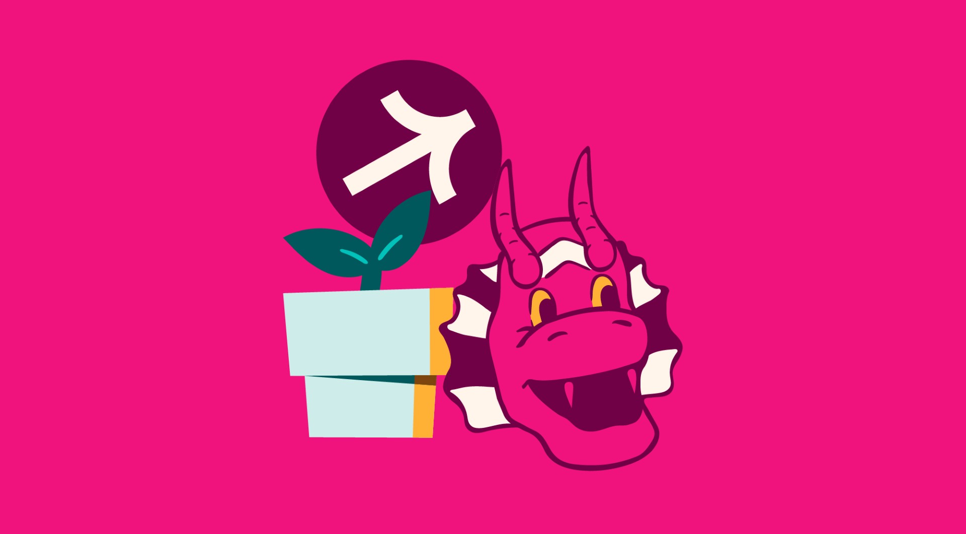 Icons of a plant, an arrow in a circle and the Hallam mascot head on a bright pink background