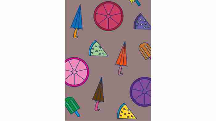 Artistic image featuring colourful umbrellas, ice lolly's and pizza 